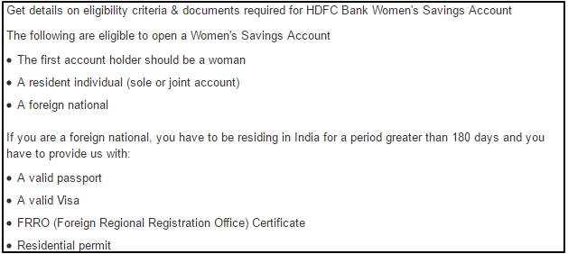  HDFC Bank Women s Savings Account HDFC eligibillity